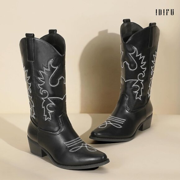 Women Black Manmade Material Mid Calf Embroidered Low Heel Pointed Toe Boots - Picture 4 of 6